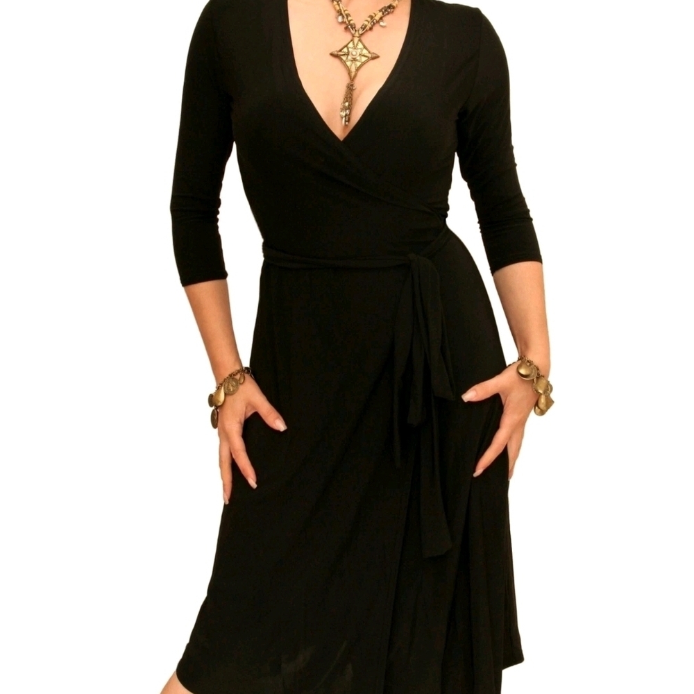 Black Wrap Midi Dress with V-Neck